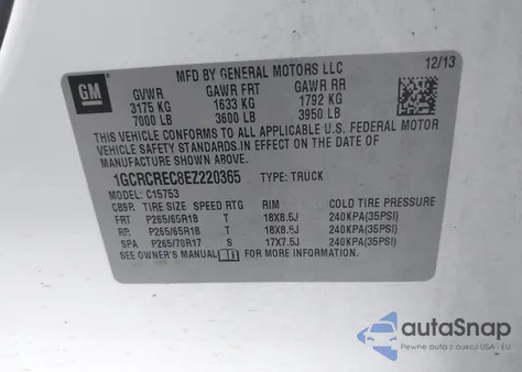 2014 Chevrolet Silverado 1500 1Lt из США, поврежденный, VIN 1GCRCREC8EZ220365